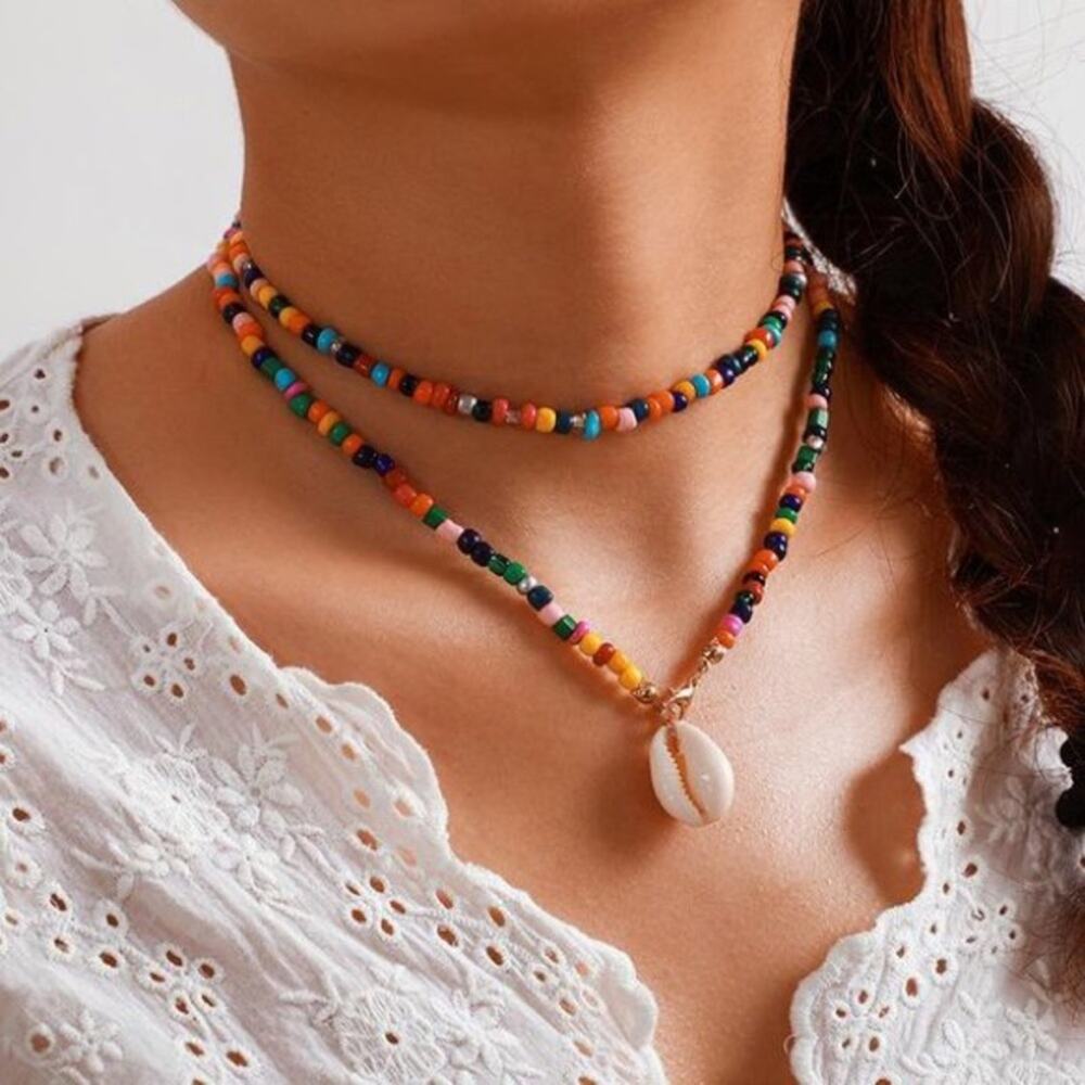 Bohemian Colored Rice Beads Beach Shell Necklace